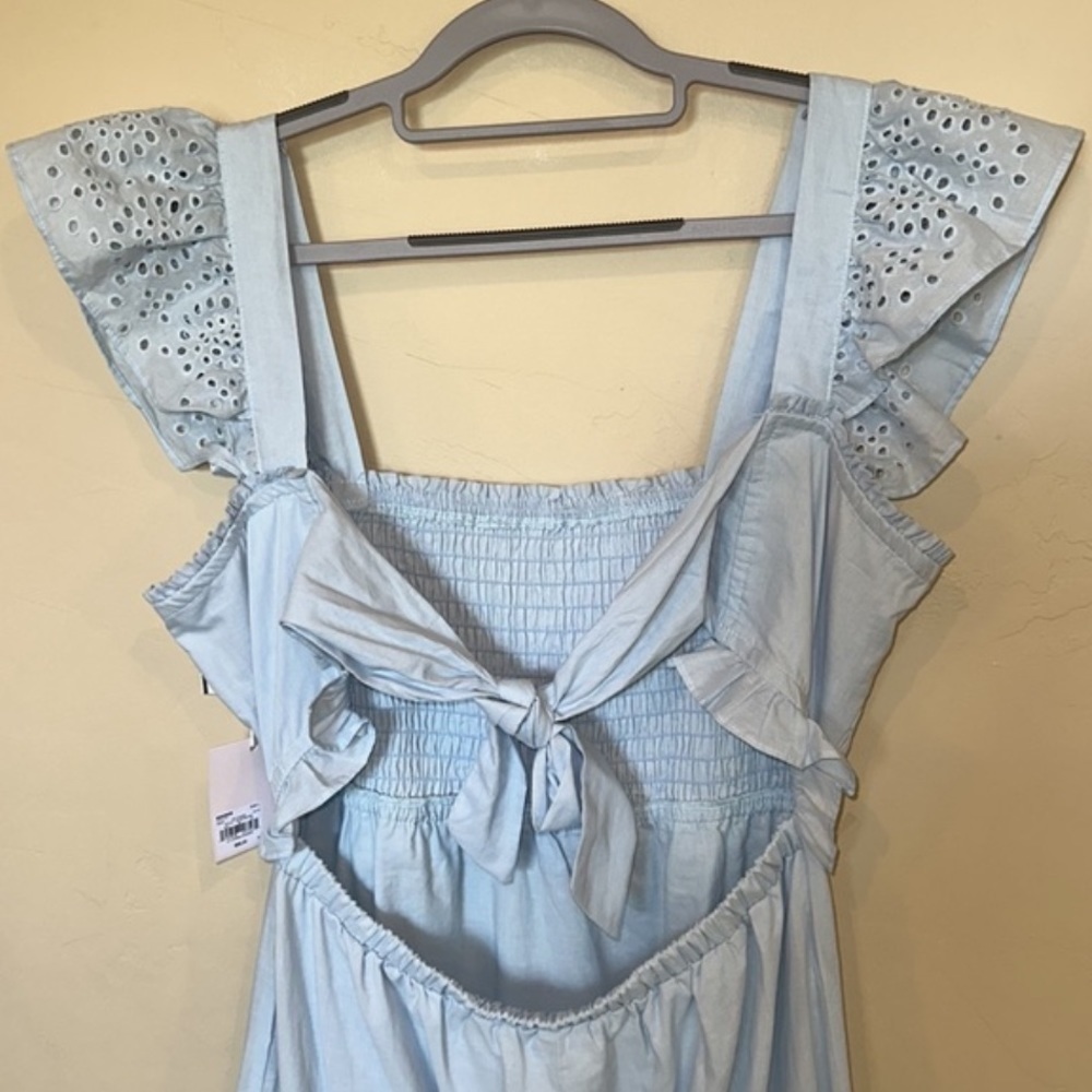 NWT Lauren Conrad dress blue tiered ruffle sleeve eyelet trim smocked dress Sz L - Picture 9 of 12
